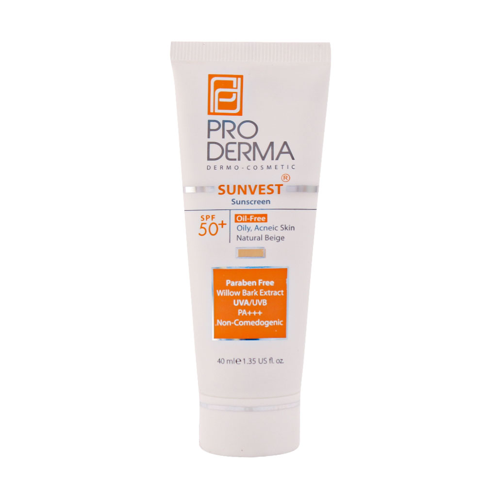 کرم ضد آفتاب فاقد چربی SPF50 پرودرما برای پوست های چرب و جوش دار ۴۰ میلی لیتر - بژ طبیعی